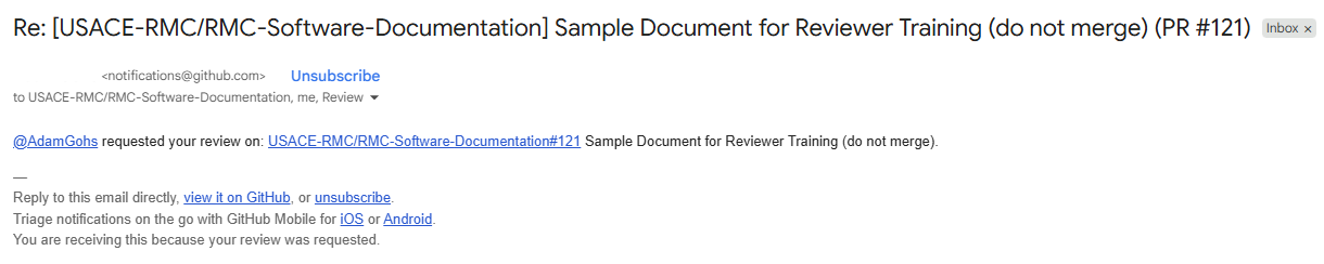 GitHub review-request email with the subject line and View it on GitHub button highlighted