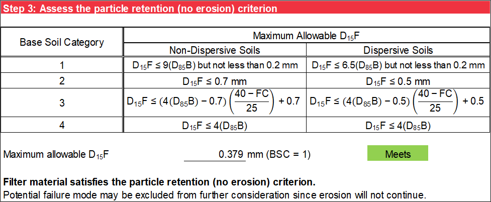 Step 3 of Particle Retention worksheet: Particle retention criterion  met.