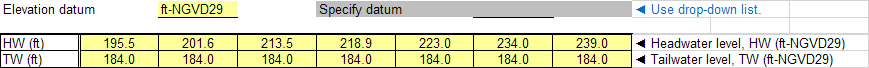 Headwater and tailwater input: NGVD29.