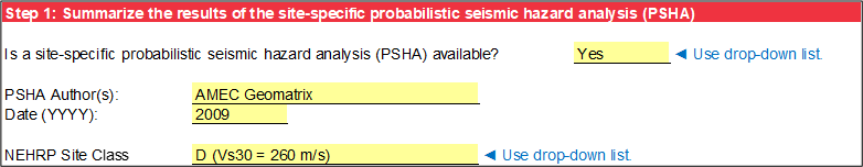 Step 1 of Site-Specific Data worksheet: Enable PSHA input.