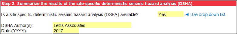 Step 2 of Site-Specific Data worksheet: Enable DSHA input.