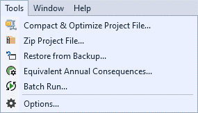 The tools menu drop-down with showing several options to manage your project, including creating a batch run and setting the software options.