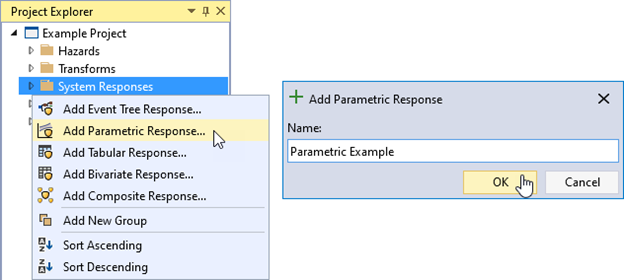 The Add Parametric Response option under the right-click menu of System Responses on the left, and the Parametric Response function dialog box on the right allowing the user to enter the name of the response function.