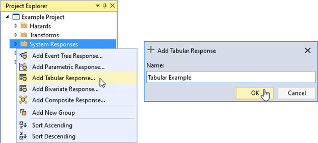 The Add Tabular Response option under the right-click menu of System Responses on the left, and the Tabular Response function dialog box on the right allowing the user to enter the name of the response function.