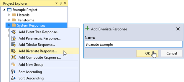 The Add Bivariate Response option under the right-click menu of System Responses on the left, and the Bivariate Response function dialog box on the right allowing the user to enter the name of the response function.