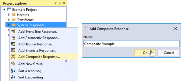 The Add Composite Response option under the right-click menu of System Responses on the left, and the Composite Response function dialog box on the right allowing the user to enter the name of the response function.