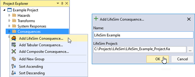 The Add LifeSim Consequence option under the right-click menu of Consequences on the left, and the LifeSim Consequence function dialog box on the right allowing the user to enter the name of the consequence function and select the LifeSim project file.