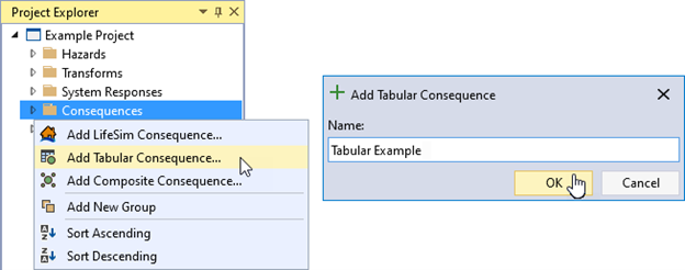 The Add Tabular Consequence option under the right-click menu of Consequences on the left, and the Tabular Consequence function dialog box on the right allowing the user to enter the name of the consequence function.
