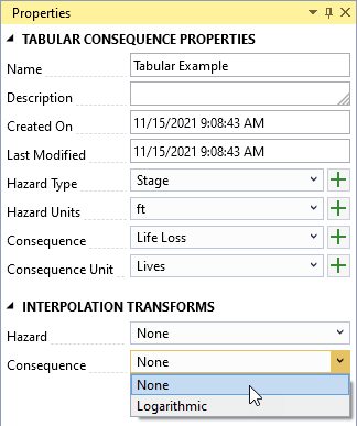 The Tabular consequence properties window displaying name, description, created on and last modified dates, hazard type, hazard units, consequence, consequence units, and interpolation transforms input fields.
