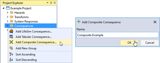 The Add Composite Consequence option under the right-click menu of Consequences on the left, and the Composite Consequence function dialog box on the right allowing the user to enter the name of the consequence function.