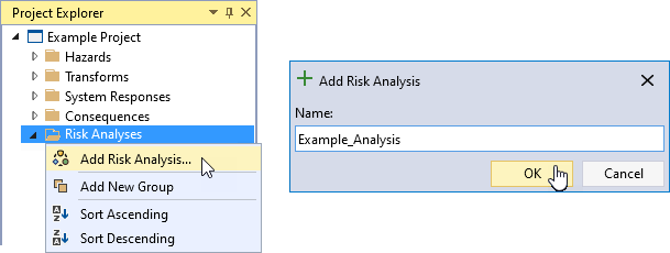 The Add Risk Analysis option under the right-click menu of Risk Analyses on the left, and the Risk Analysis dialog box on the right allowing the user to enter the name of the Risk Analysis.