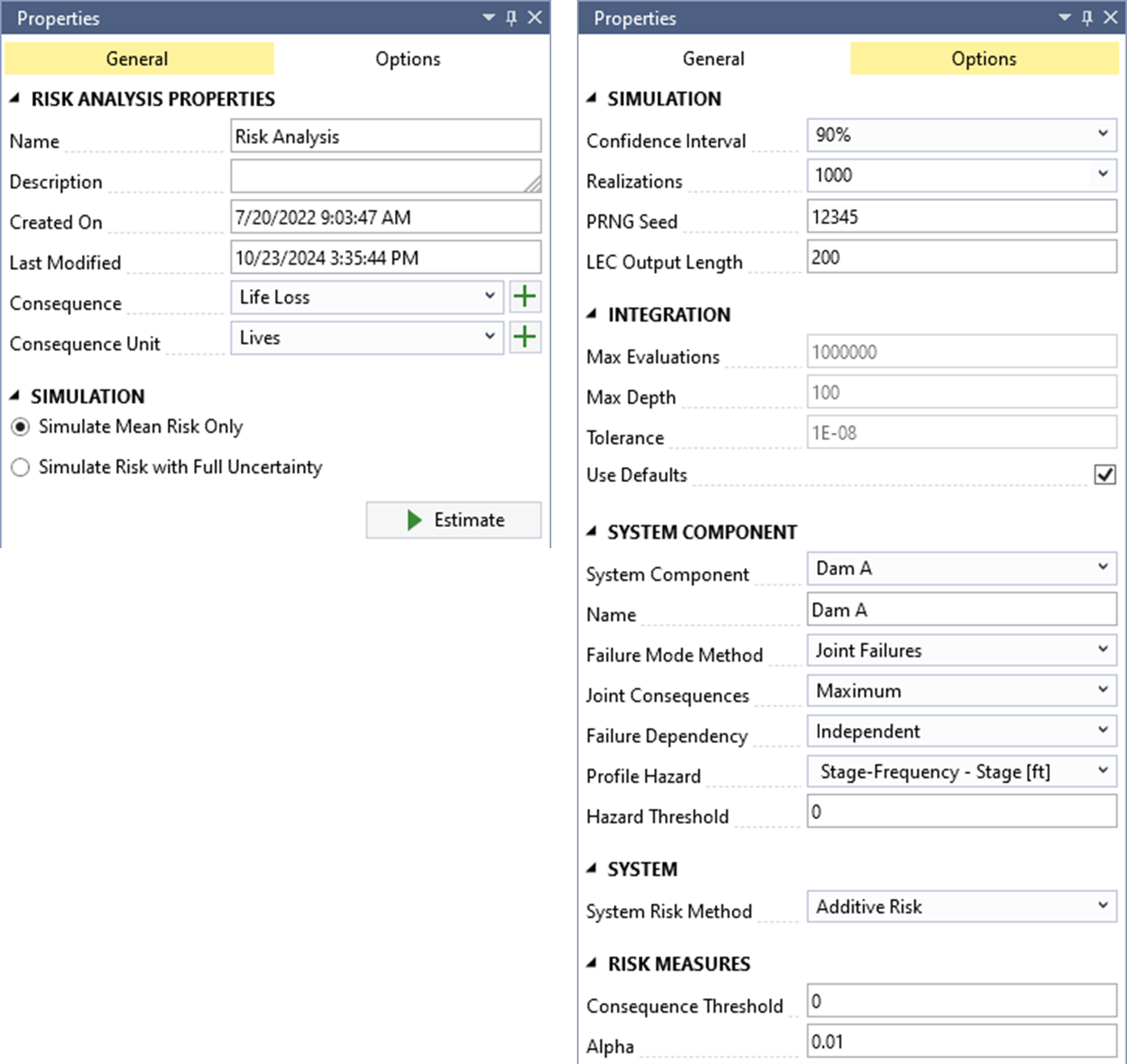 The General tab window displayed on the left has the Risk Analysis Properties and the Simulations settings section and the Estimate button at the bottom; and the Options tab window displayed on the right has Simulation, Integration, System Component, System, and Risk Measures sections.