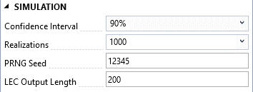 Simulation options display dropdowns to select width of the confidence interval, and the number of Monte Carlo simulation realizations; and text boxes to specify pseudo random number generator seed value, and loss exceedance curve output length.