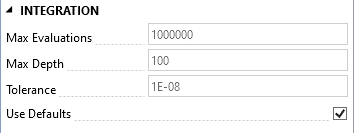 Integration options window displaying text boxes to enter values for maximum number of integrand evaluations, maximum recursion depth, and desired tolerance. There is also a check box for using defaults.