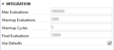 Integration options window displaying text boxes to enter values for maximum number of integrand evaluations, number of integrand evaluations each warmup cycle, number of warmup cycles, and final number of integrand evaluations. There is also a check box for using defaults.