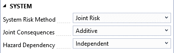 Risk analysis system options window displaying dropdown options for selecting system risk method, joint consequences, and hazard dependency.