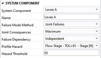 Displays options for selecting system component, name editable by the user, dropdown selections for failure mode method, joint consequences, failure dependency, and profile hazard function, and a text box for entering a hazard threshold value.