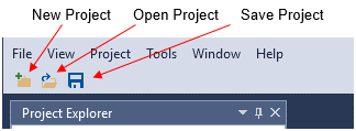 The tool bar with new, open, and save project commands displayed horizontally below the menu bar.