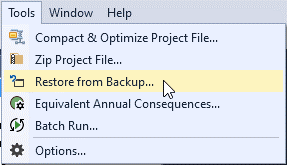 The tool menu drop-down with the restore from backup option selected.