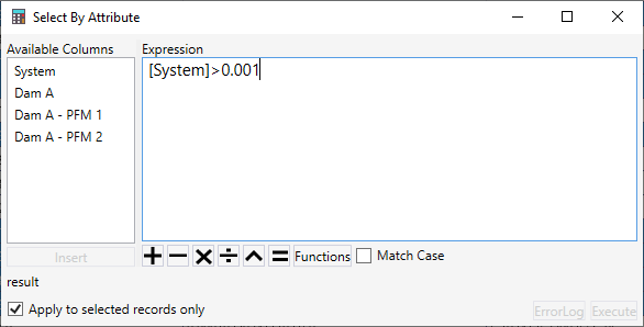 The windows dialog showing a query that filters selected records where system attribute is greater than 0.001.