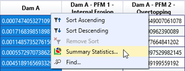 The table column header is right-clicked to display the context menu with several options such as sort, summary statistics and find.
