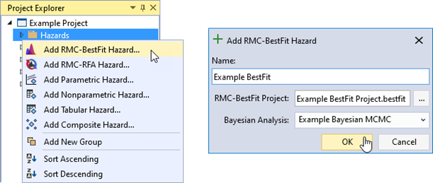 Add RMC BestFit Hazard option under the right-click menu of Hazards on the left, and the RMC-BestFit Hazard import dialogue on the right allowing the user to enter the name of the hazard function and select the RMC-BestFit Project and Bayesian Analysis.