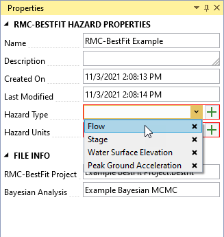 The properties window displaying the name, description, created on and last modified dates, the hazard type, and units. The dropdown menu of the hazard type displays flow, stage, water surface elevation, and peak ground acceleration as options.