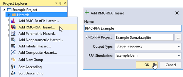 Add RMC-RFA Hazard option under the right-click menu of Hazards on the left, and the RMC-RFA Hazard import dialog box on the right allowing the user to enter the name of the hazard function and select the RMC-RFA Project, Output Type, and Simulation.