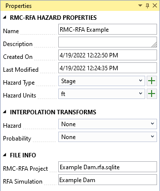 The RMC-RFA Hazard properties window displaying the name, description, created on and last modified dates, the hazard type, and units, as well as, the interpolation transforms, and file info.