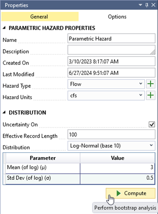 The properties window includes two tabs General and Options. The General tab displays the parametric hazard properties and the parameters for distribution. The buttons to compute the parametric hazard function and to perform bootstrap analysis are at the bottom of the window.