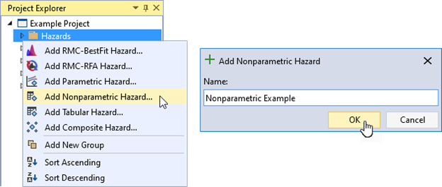 The Add Nonparametric hazard option under the right-click menu of Hazards on the left, and the Nonparametric Hazard dialog box on the right allowing the user to enter the name of the hazard function.
