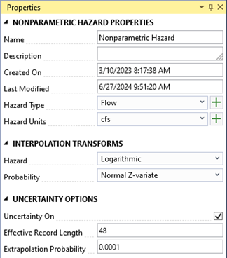 The properties window displays the nonparametric hazard properties and interpolation transforms. There is also a checkbox for uncertainty and text boxes to specify the effective record length and extrapolation probability under the uncertainty options.