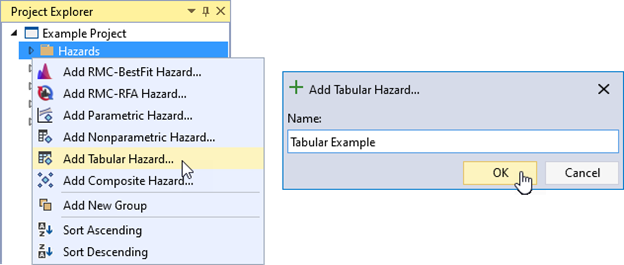 The add tabular hazard option under the right-click menu of Hazards on the left, and the Tabular Hazard dialog box on the right allowing the user to enter the name of the hazard function.