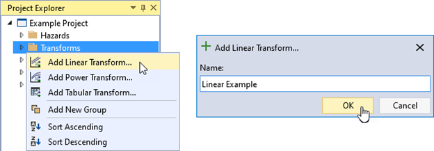 The Add Linear Transform option under the right-click menu of Transforms on the left, and the Linear Transform dialog box on the right allowing the user to enter the name of the transform.