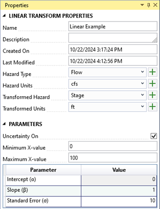 Properties window displaying name, description, hazard type, hazard units, transformed hazard, and transformed units. There is a check box for including uncertainty and text boxes to specify linear transform parameters.