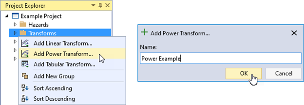 The Add Power Transform option under the right-click menu of Transforms on the left, and the Power Transform dialog box on the right allowing the user to enter the name of the transform.
