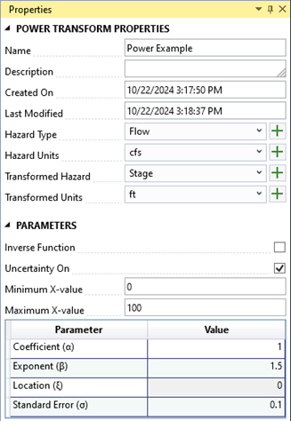 Properties window displaying name, description, hazard type, hazard units, transformed hazard, and transformed units. There are check boxes for inverse function and including uncertainty, and text boxes to specify power transform parameters.