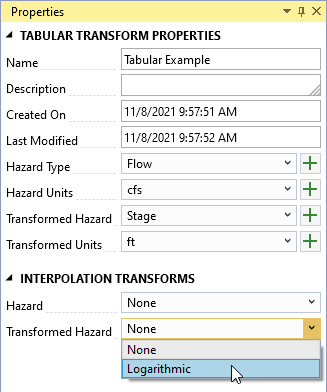 The tabular transform properties window displaying the name, description, created on and last modified dates, the hazard type, and units, and transformed hazard and transformed units, as well as the interpolation transforms options.
