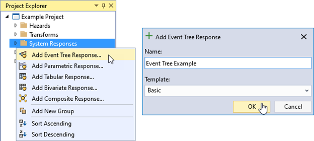 The Add Event Tree Response option under the right-click menu of System Responses on the left, and the event tree response function dialog box on the right allowing the user to enter the name of the response function and select a template from a dropdown.