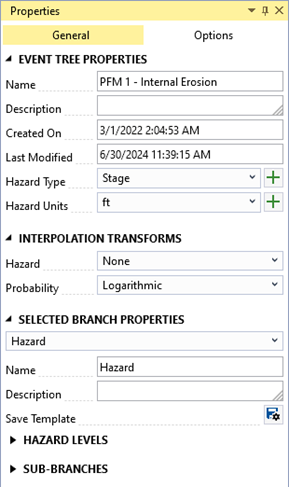 The properties window includes two tabs General and Options. The General tab displays the event tree properties, dropdown selections for hazard and probability interpolations and the selected branch properties.