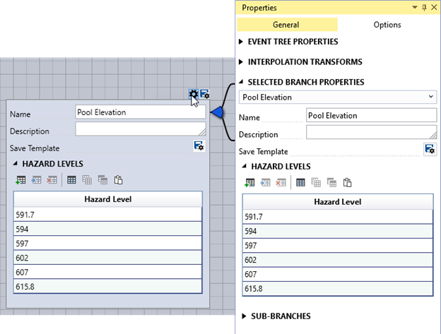 Displays properties popup window from the node tool bar icon on the left, and the event tree properties window on the right. The node properties can be edited from either of these two options.